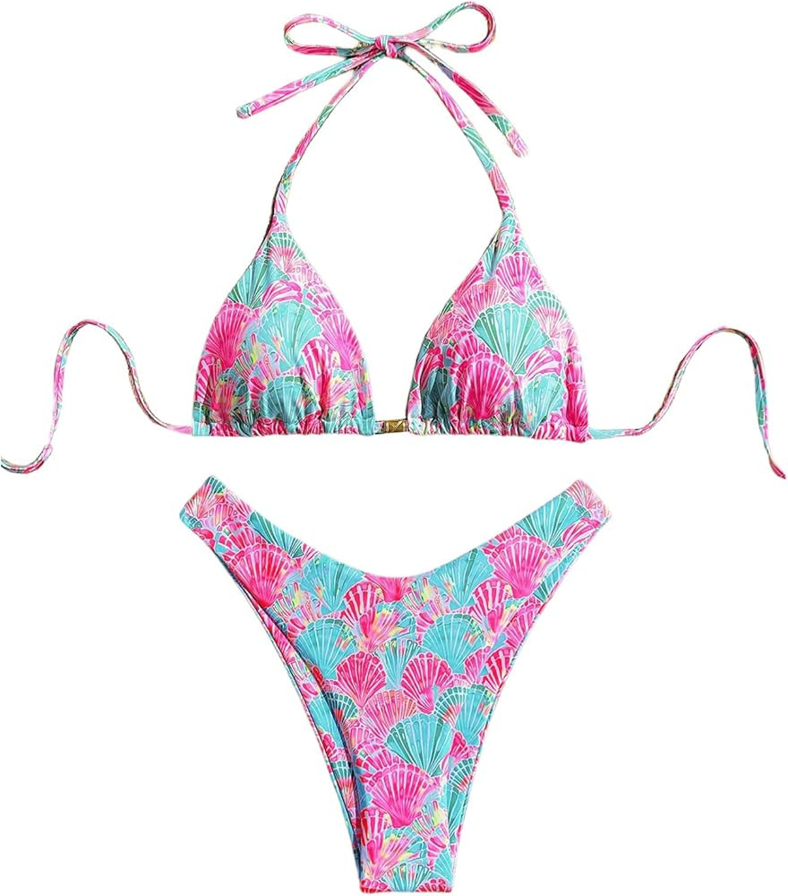 Women's 2 Piece Bikini Set Shell Triangle Thong Bikini Boho Seashell High Waisted Bathing Suit St... | Amazon (US)