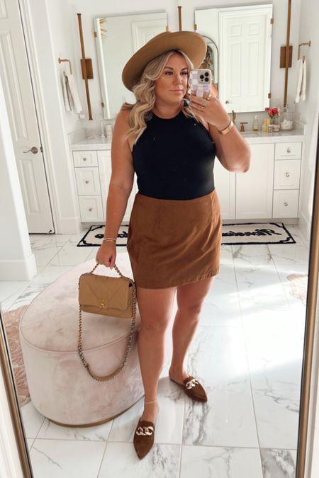 curvy pre-fall outfit! wearing size xl in black double lined bodysuit and size xl in tan suede skort 

#LTKSeasonal #LTKcurves #LTKunder100