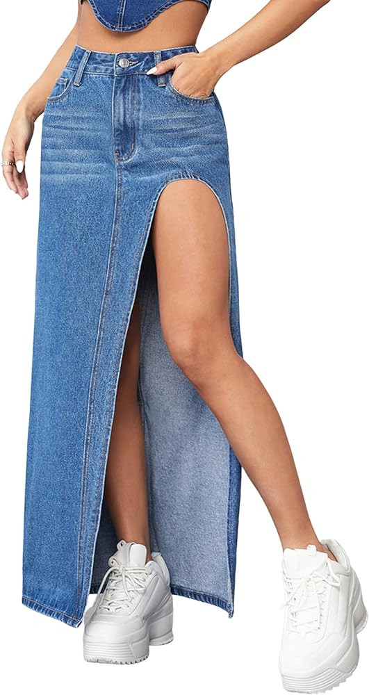 Verdusa Women's High Waist Split Thigh Denim Long Maxi Skirt | Amazon (US)