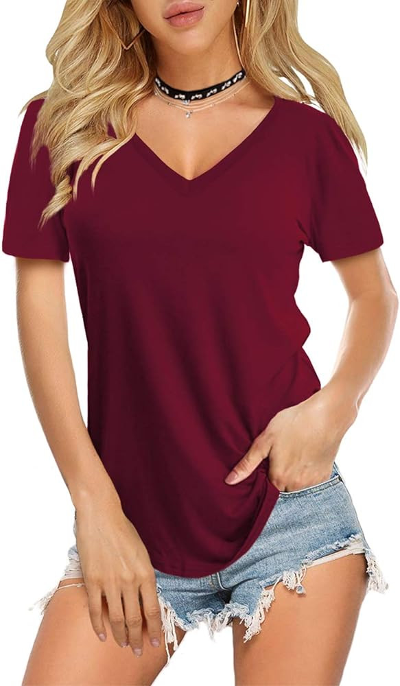 Amoretu Womens T Shirts V Neck Short Sleeve Tshirt Basic Tee Curved Hem Tops | Amazon (US)