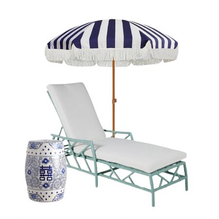 Chinoiserie blue and white outdoor chaise lounge umbrella and garden stool 

#LTKhome