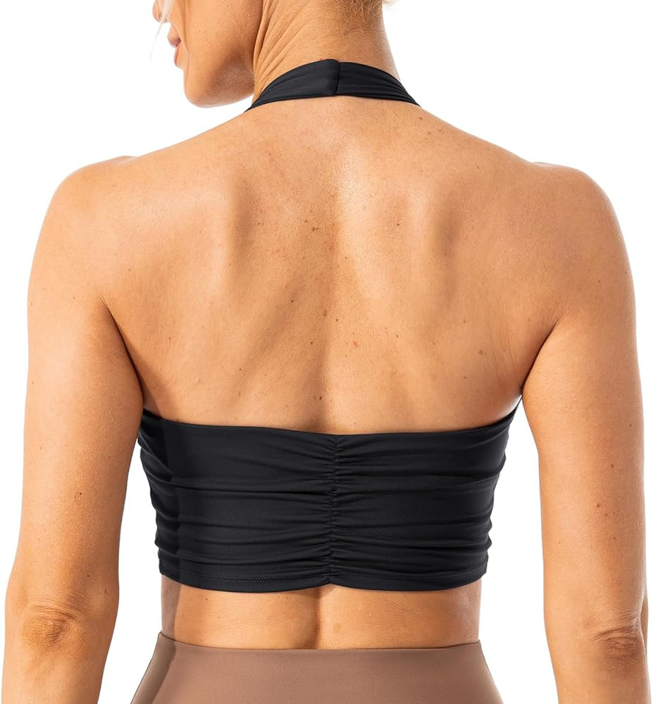 Lavento Women's Halter Sports Bra Pleated Longline Padded Yoga Crop Bras Top | Amazon (US)
