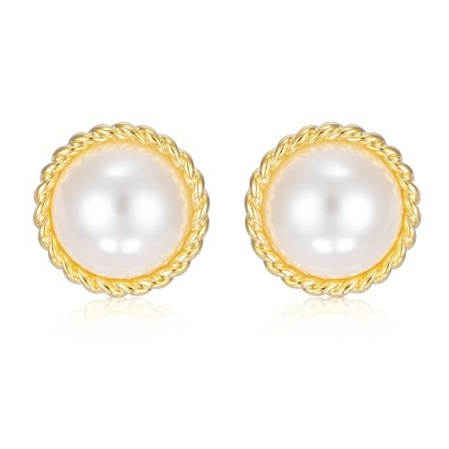 Mierfyni Big Pearl Earrings for Women – Dainty Elegant Gold Statement White Pearl Stud Earrings, Modern Shiny Gold Trim | Amazon (US)