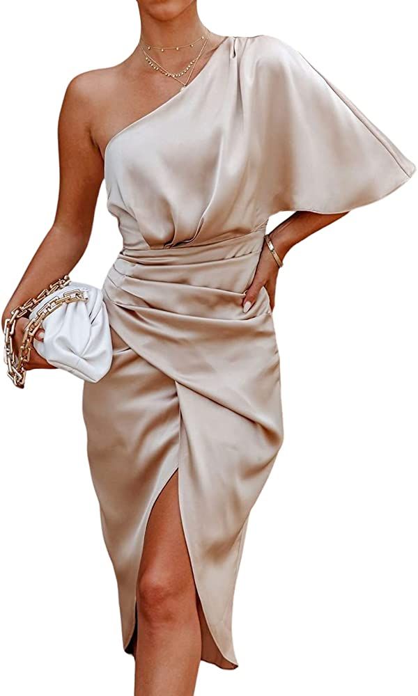 CUPSHE Women Satin Dress Backless One Shoulder Flared Short Sleeves Midi High Low Hem Cocktail Party | Amazon (US)