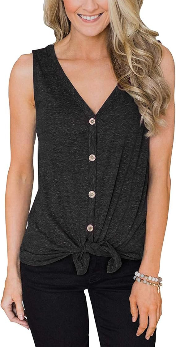 Bloggerlove Women's Button Up Tank Tops Tie Front Knot V Neck T-Shirts Casual Loose Sleeveless Bl... | Amazon (US)