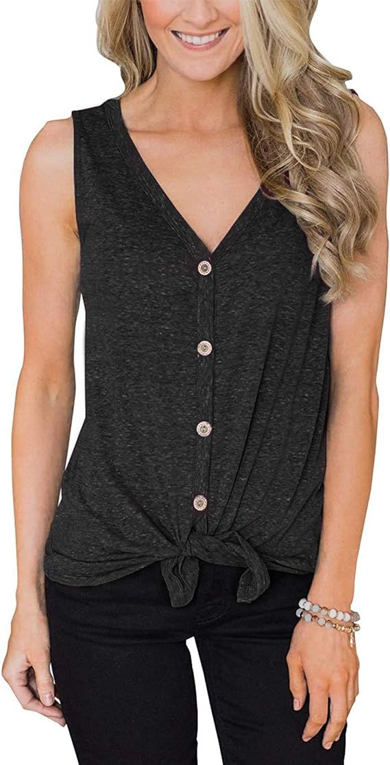 Bloggerlove Women's Button Up Tank Tops Tie Front Knot V Neck T-Shirts Casual Loose Sleeveless Bl... | Amazon (US)