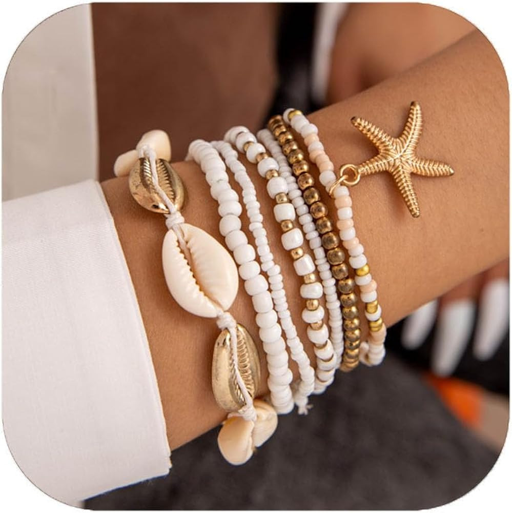Seashell Bracelets for Women Shell Starfish Bracelets Layered Beaded Bracelets Boho Beach Bracele... | Amazon (US)