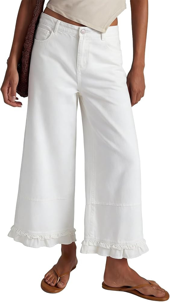 EVALESS Womens Wide Leg Jeans 2026 Trendy Mid-Rise Cropped Baggy Jeans Loose Fit Cute Ruffle Hem ... | Amazon (US)