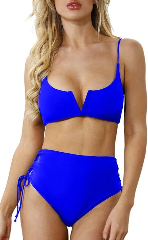CHYRII Women's Sexy V Wired Lace Up High Waisted Bikini Sets Two Piece Swimsuit | Amazon (US)