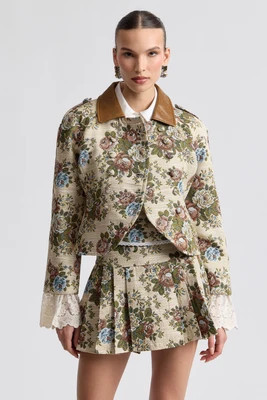 Floral Brocade Fitted Blazer With Lace Trim Sleeves | Avec Les Filles