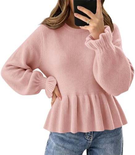 Saodimallsu Womens Fall Cropped Sweaters Peplum Knit Babydoll Ruffle Tops | Amazon (US)