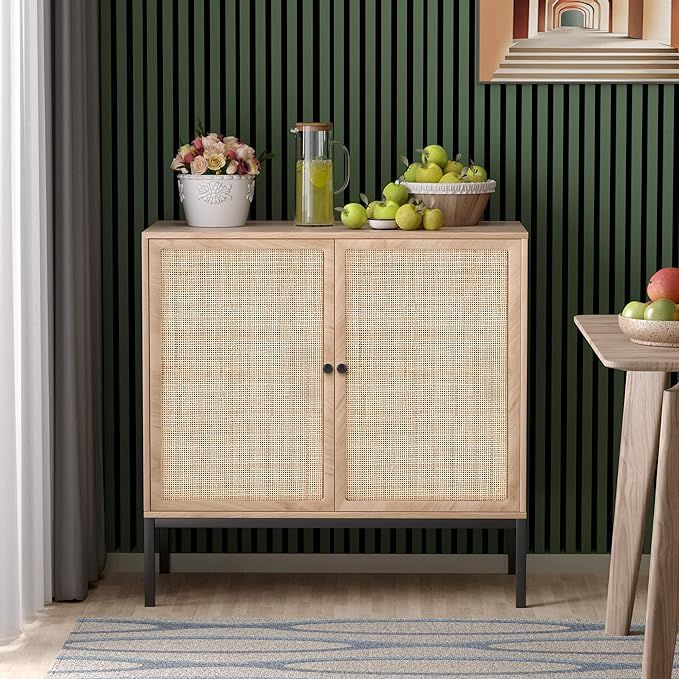 Storage Cabinet with 2 Handmade Natural Rattan Doors, Console Table Sideboard Buffet Cabinet, for... | Amazon (US)