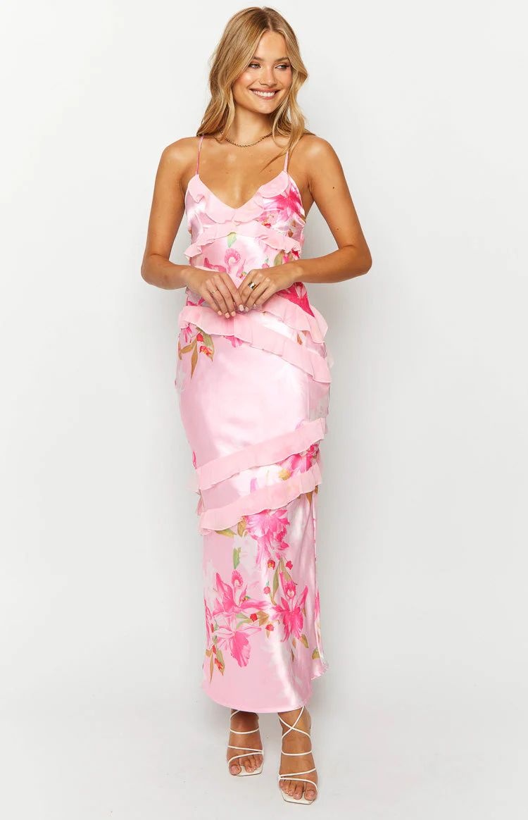 Inara Pink Floral Print Ruffle Maxi Dress | Beginning Boutique (US)