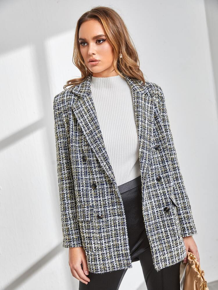 SHEIN Plaid Pattern Double Breasted Overcoat | SHEIN