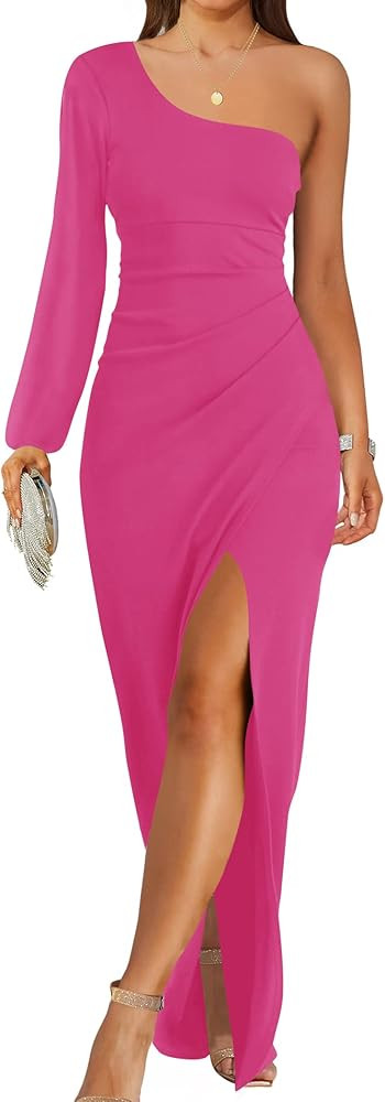 ZESICA Women's 2024 One Shoulder Long Sleeve Cocktail Dress Sexy High Slit Ruched Bodycon Wedding... | Amazon (US)