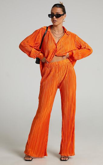 Beca Pants - High Waisted Plisse Flared Pants in Bright Orange | Showpo (US, UK & Europe)