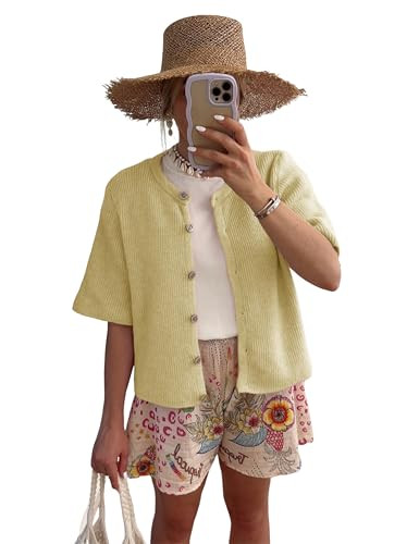 SCUSTY Women's Lightweight Cardigan Short Sleeve Button-Down Summer Cardigan Sweater(Yellow-S) | Amazon (US)
