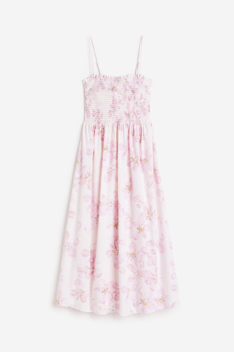 Smocked Cotton Dress - Cream/pink floral - Ladies | H&M US | H&M (US + CA)