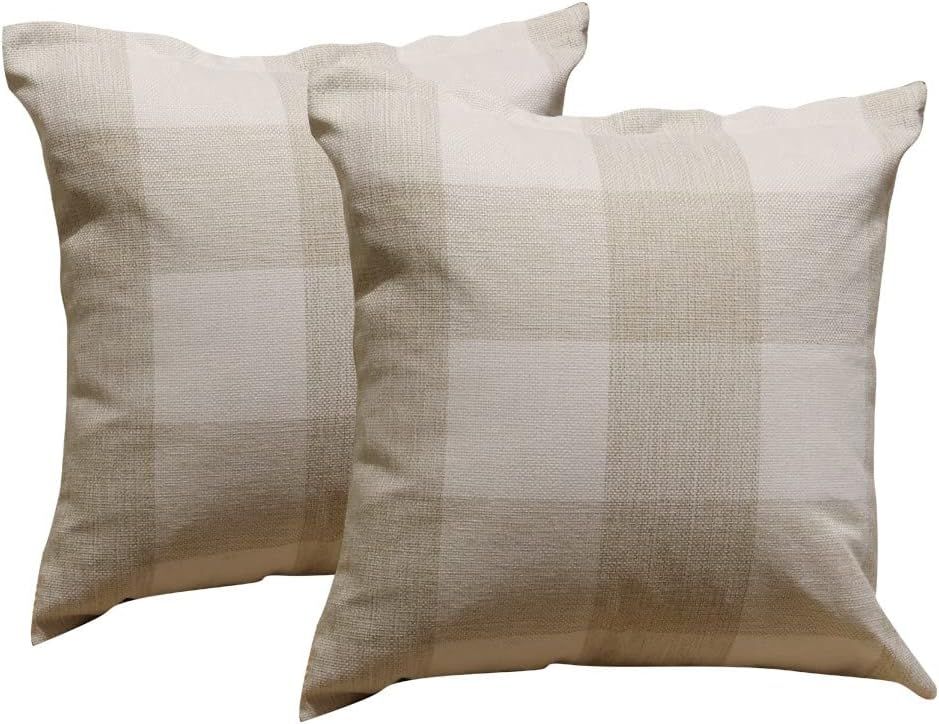 AMZ-NATURALIFE Beige Cream White Buffalo Plaids Throw Pillow Covers 18x18 Set of 2 Farmhouse Retr... | Amazon (US)