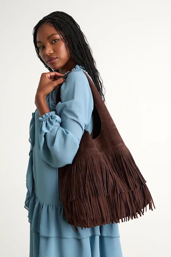 Noelene Dark Brown Vegan Suede Fringe Tote Bag | Lulus