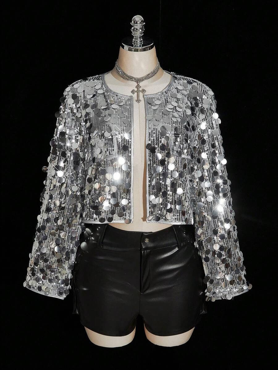 LocalSHEIN ICON Plus Size Shiny Silver Sequin Round Neck Versatile Short Jacket, Party Wear In Fa... | SHEIN