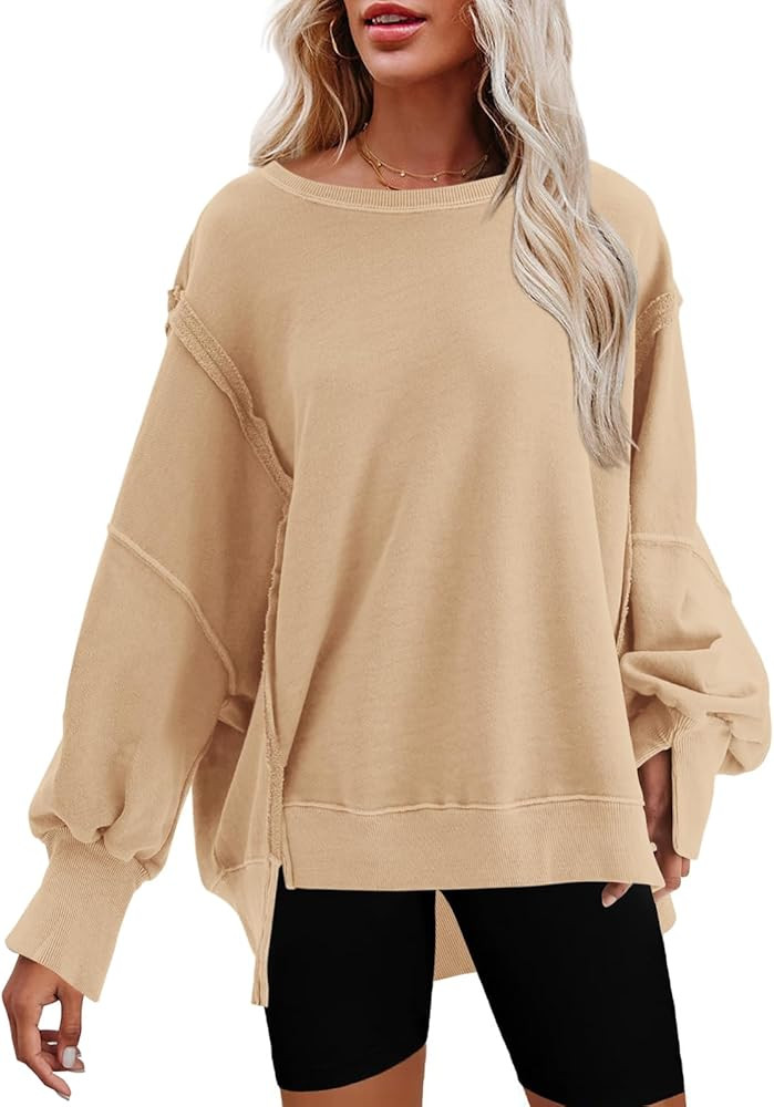 Nirovien Womens Oversized Crewneck Sweatshirt Side Slit Long Sleeve Pullover Slouchy Fit Tops | Amazon (US)