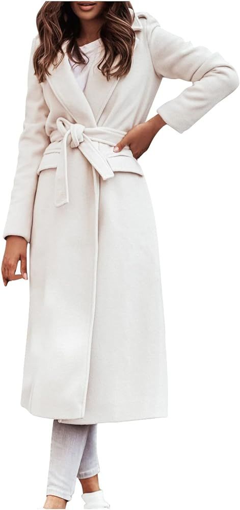 Women's Lapel Coat Open Front Cardigan Winter Casual Wool Coat Jackets with Belt | Amazon (US)