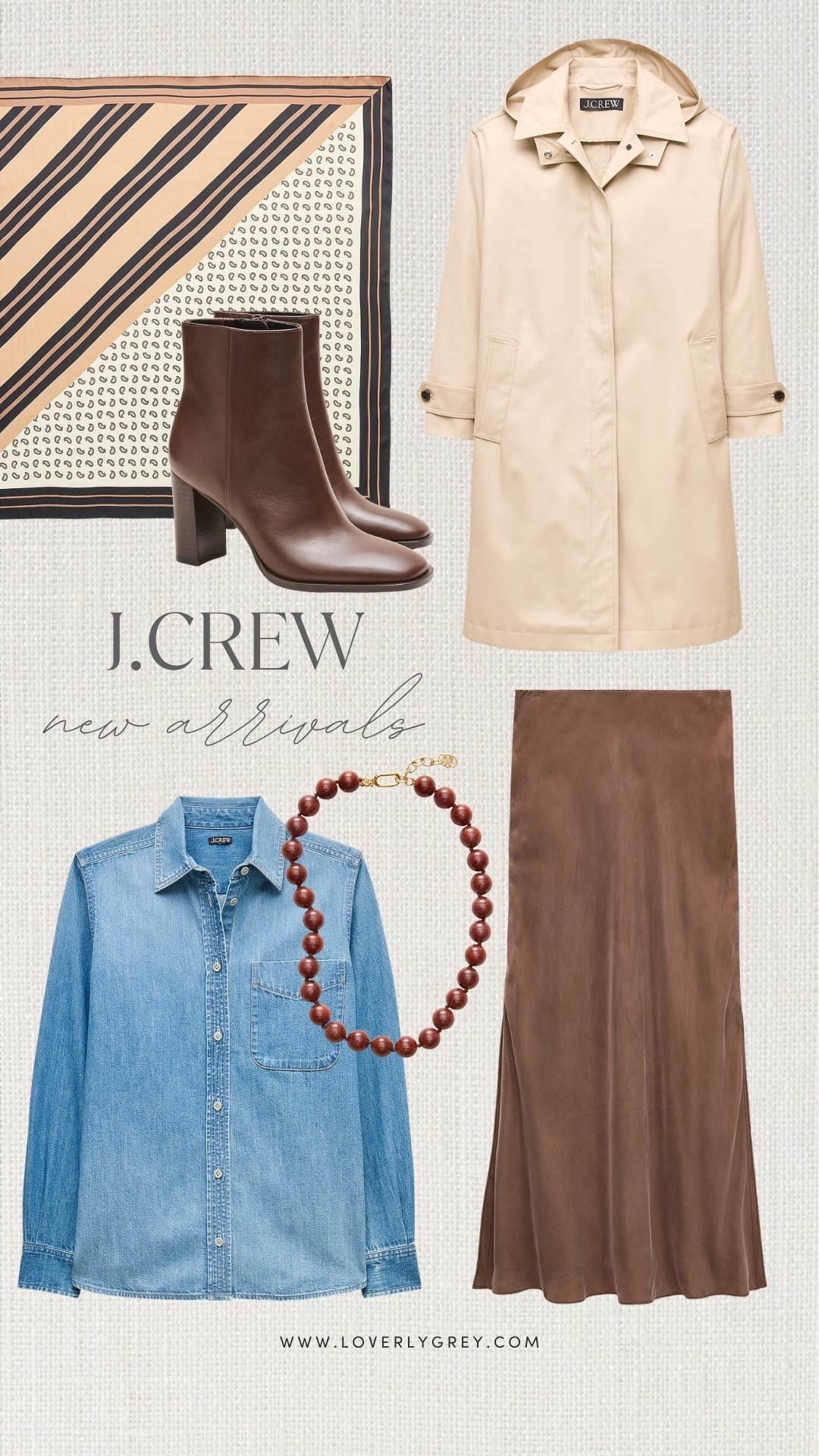J.Crew fall fashion finds featuring a trench coat, denim shirt, brown midi skirt, leather ankle boots, silk scarf and beaded necklace. Easy pieces to mix and match for work outfits, date nights and everyday fall style!

#LTKootd #LTKSeasonal