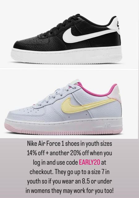 Nike Air Force 1 shoes in youth sizes 14% off + another 20% off when you log in and use code EARLY20 at checkout. They go up to a size 7 in youth so if you wear an 8.5 or under in womens they may work for you too! 

#LTKshoecrush #LTKkids #LTKsalealert