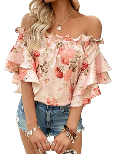 SOLY HUX Women's Floral Print Blouse Off Shoulder Ruffle Trim Half Sleeve Summer Tops Pink Floral Large | Amazon (US)