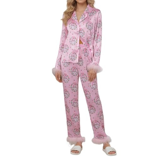Cjfdfy Feather Pajamas for Women, Long Sleeve Button Up Shirt and Pants 2 Piece Pj Set Trendy Nightwear Sleepwear Outfits (Christmas Pink #Santa Claus 03, S) | Amazon (US)