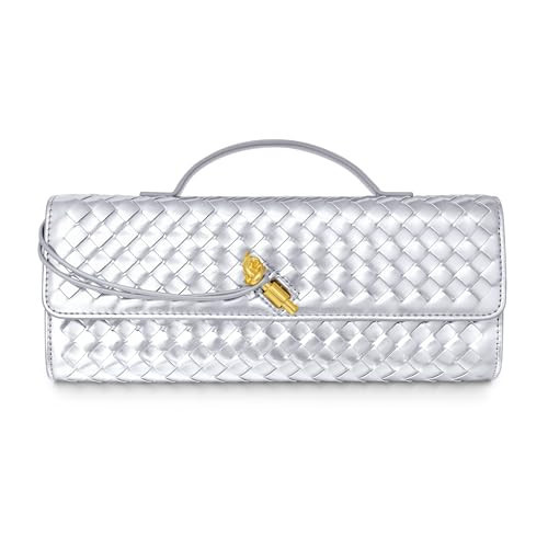 Joryin Woven Purse for Women Evening Clutch Woven Leather Handbags Crossbody Bag Purse Formal Evening Bag, Silver | Amazon (US)