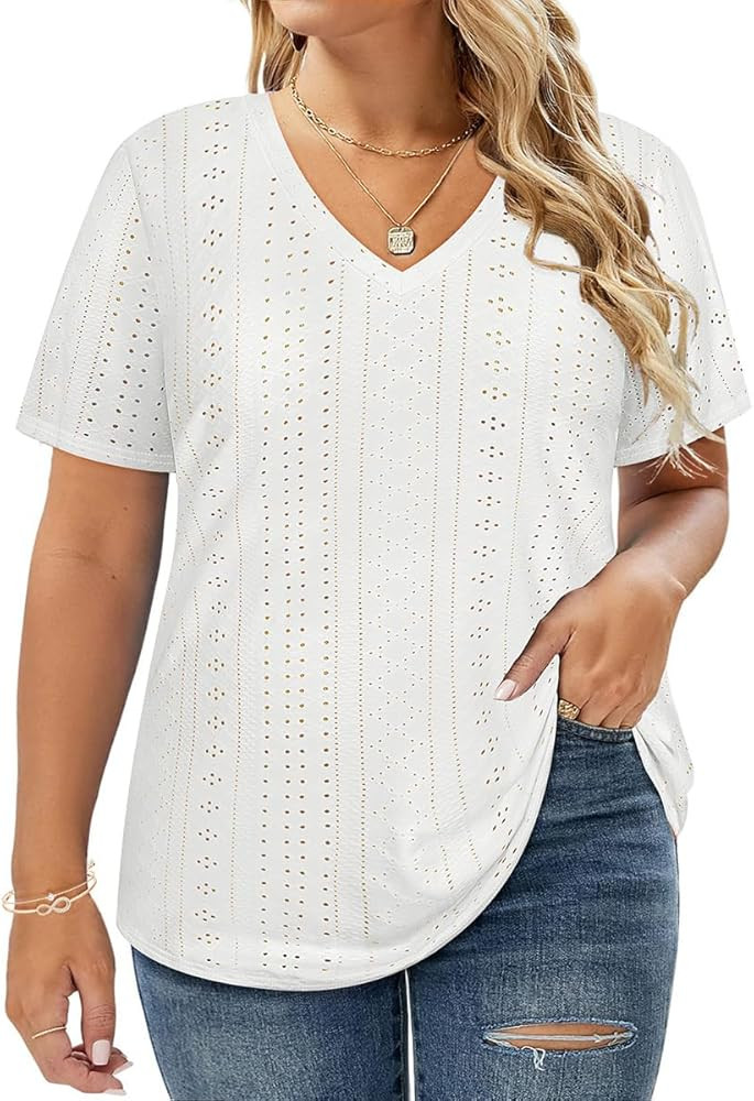 CARCOS Plus Size Tops for Women Short Sleeve Shirts Basic V Neck Summer Tshirts 2024 Casual Tunic... | Amazon (US)