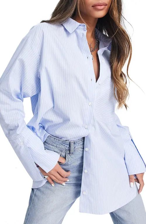 Topshop Stripe Oversize Cotton Poplin Button-Up Shirt in Mid Blue at Nordstrom, Size 6 Us | Nordstrom