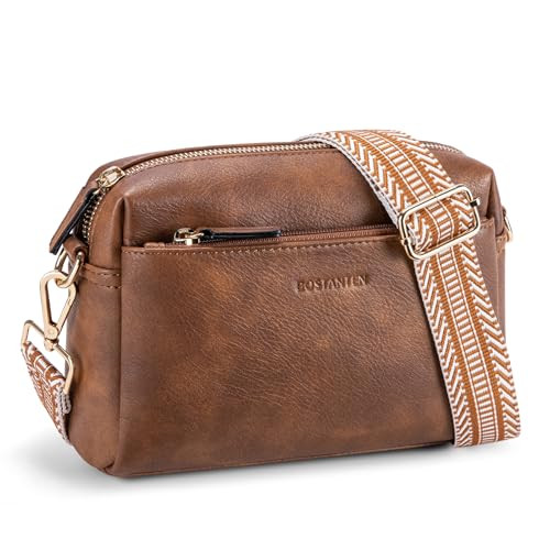 BOSTANTEN Small Crossbody Purse for Women Triple Zip Cell Phone Leather Shoulder Handbag with Wide Guitar Strap Brown | Amazon (US)