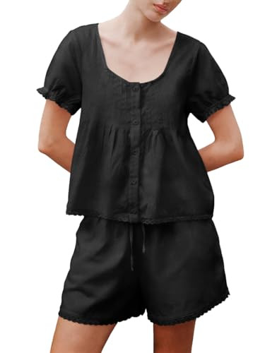 Womens 2 Piece Short Sets Fashion Button Down Puff Short Sleeve Lace Trim Pintuck Babydoll Top an... | Amazon (US)