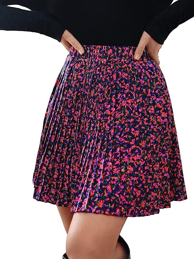 SweatyRocks Women's High Waist Mini Pleated Skater Skirt Flared A-Line Floral Short Skirt | Amazon (US)