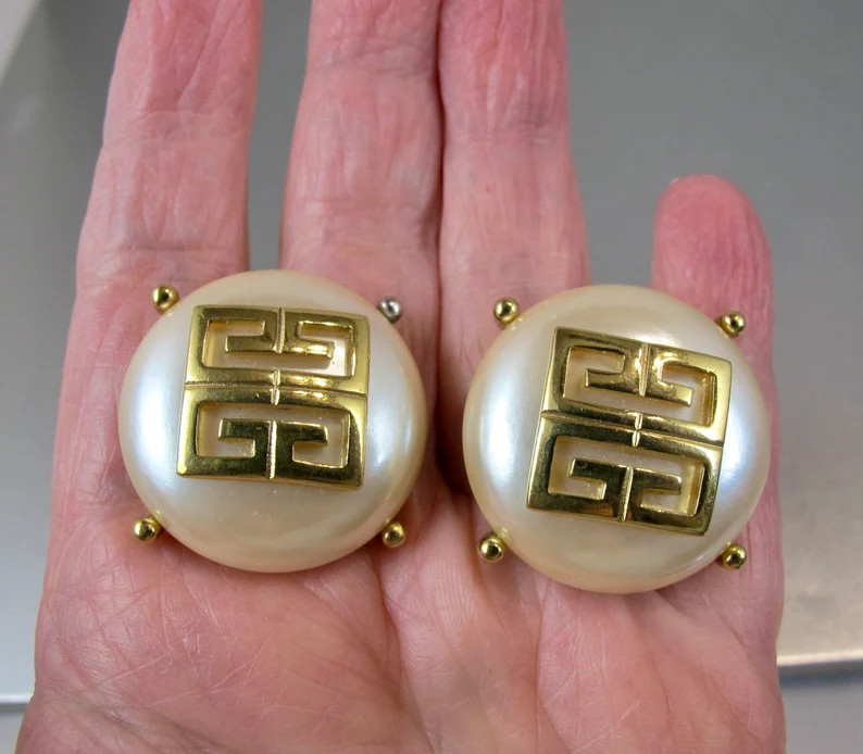 Givenchy Logo Pearl Earrings. Vintage Givenchy GG Large Pearl - Etsy | Etsy (US)