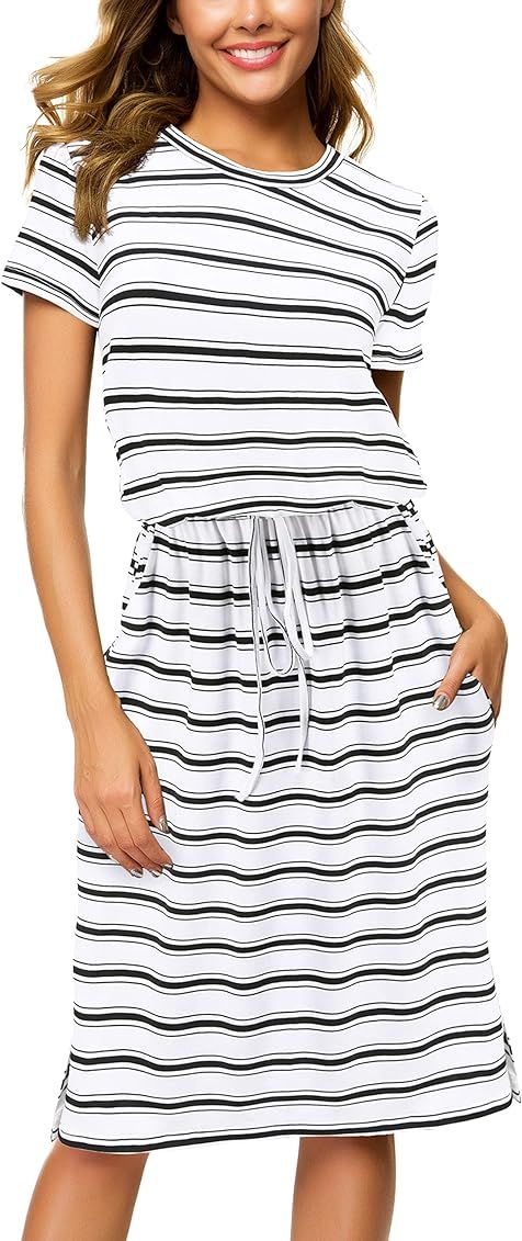 Simier Fariry Womens Adjustabel Waistline Knee Length Casual Dress with Pockets | Amazon (US)