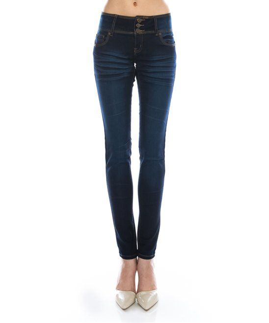 Dark Wash Three-Button Super Stretch Skinny Jeans - Women | zulily