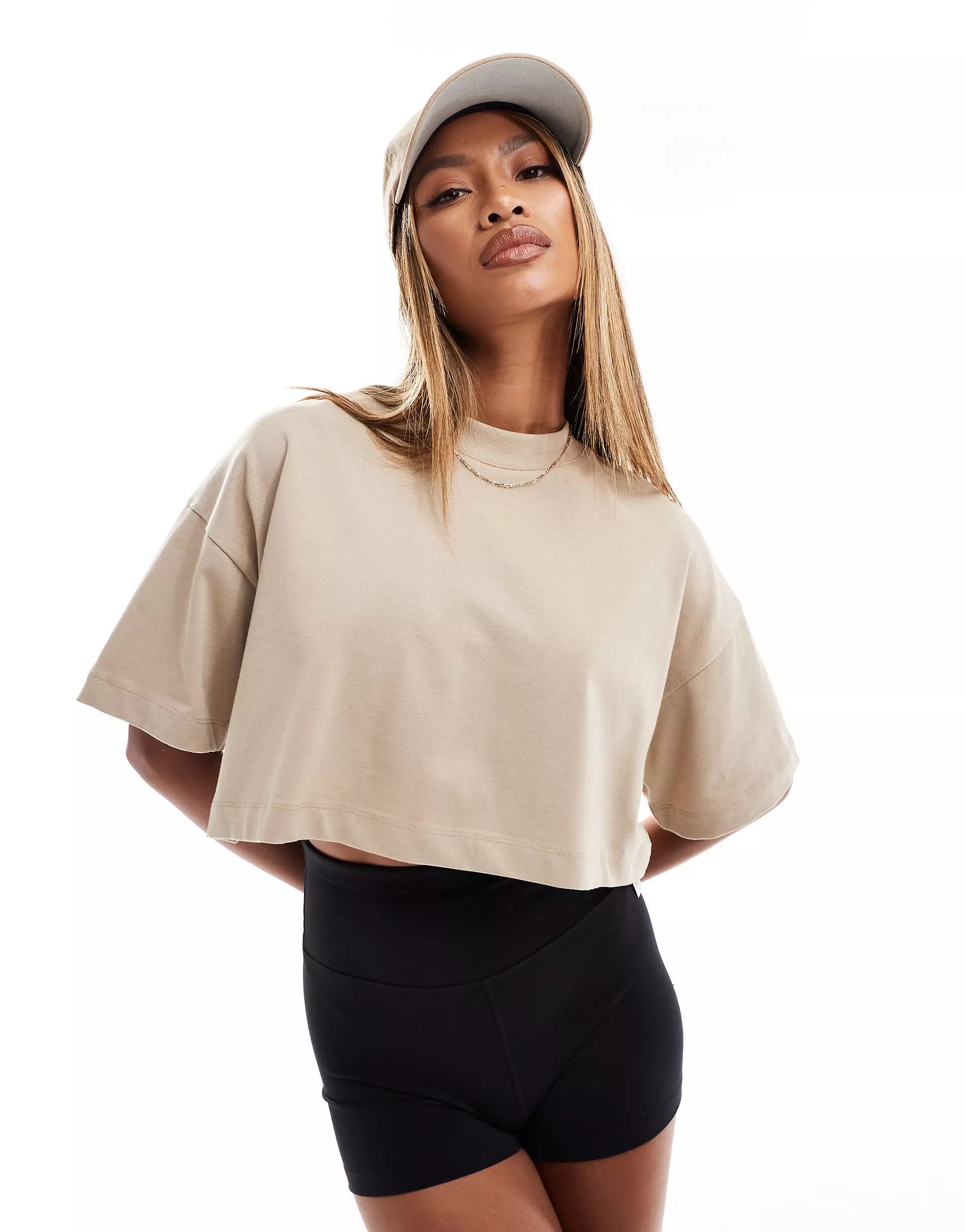 ASOS 4505 Icon boxy heavyweight cropped t-shirt with quick dry in beige | ASOS (Global)