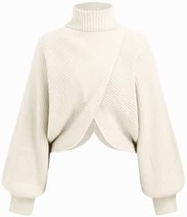 CIDER Cropped Sweaters for Women Wrap Lantern Sleeve Turtleneck Sweater | Long Sleeve Ribbed Knit... | Amazon (US)