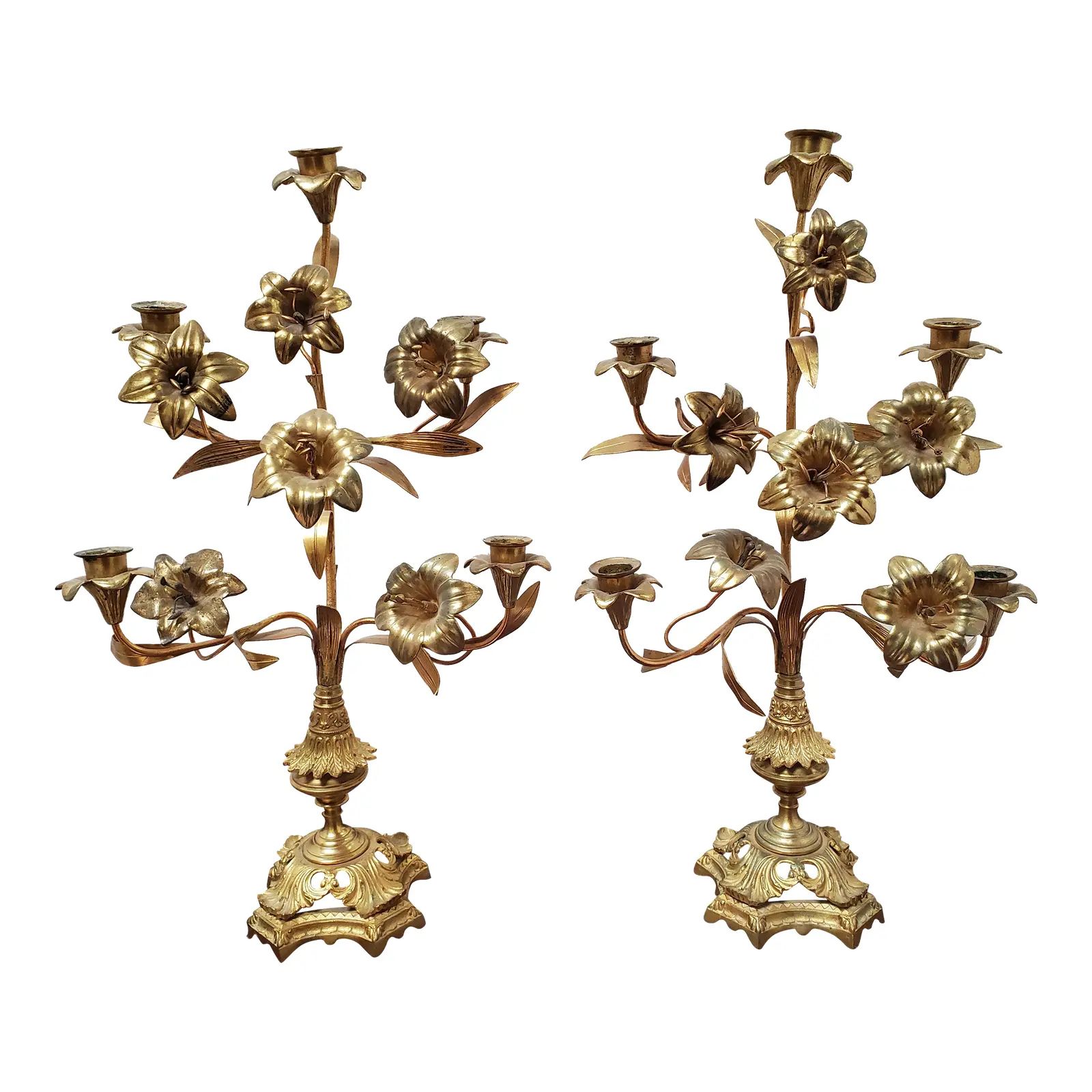 Early 20th Century French Gilt Brass Alter Lily Candelabras- a Pair | Chairish
