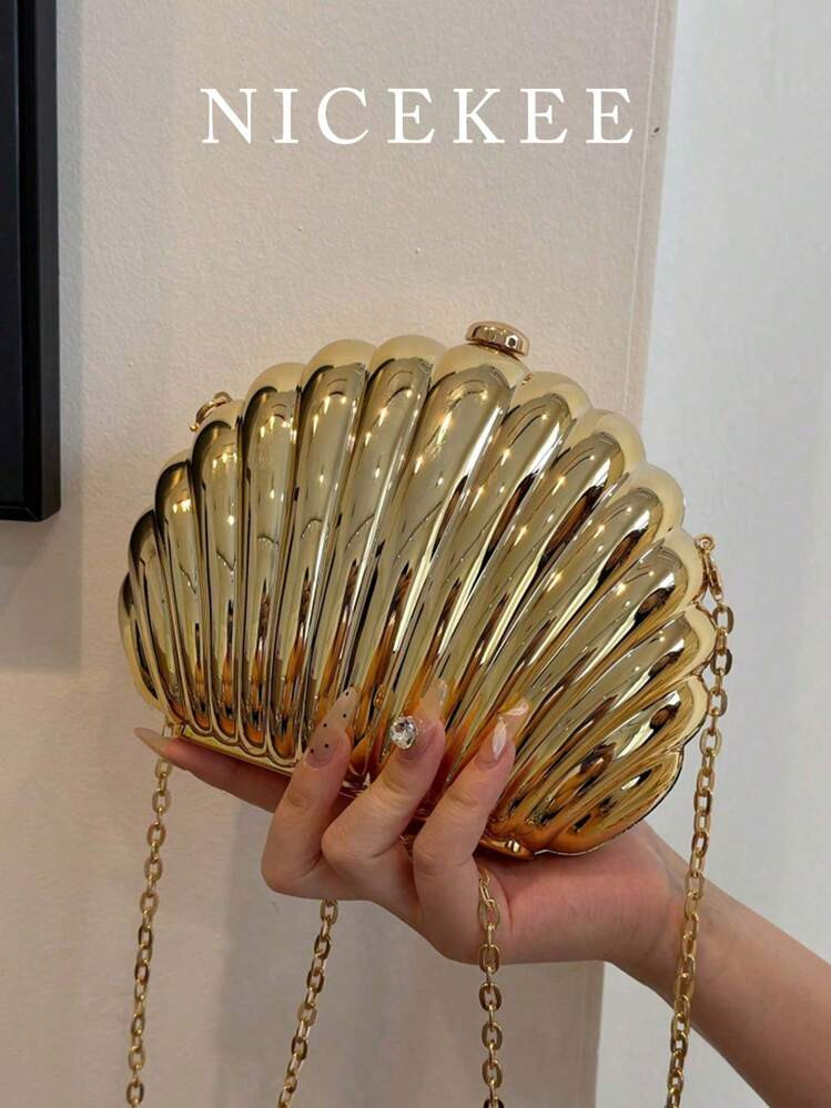 Mini Shell-Shaped Fashion Laser Metal Clutch, Y2K Vintage Metal Frame Chain Shoulder Crossbody Ba... | SHEIN