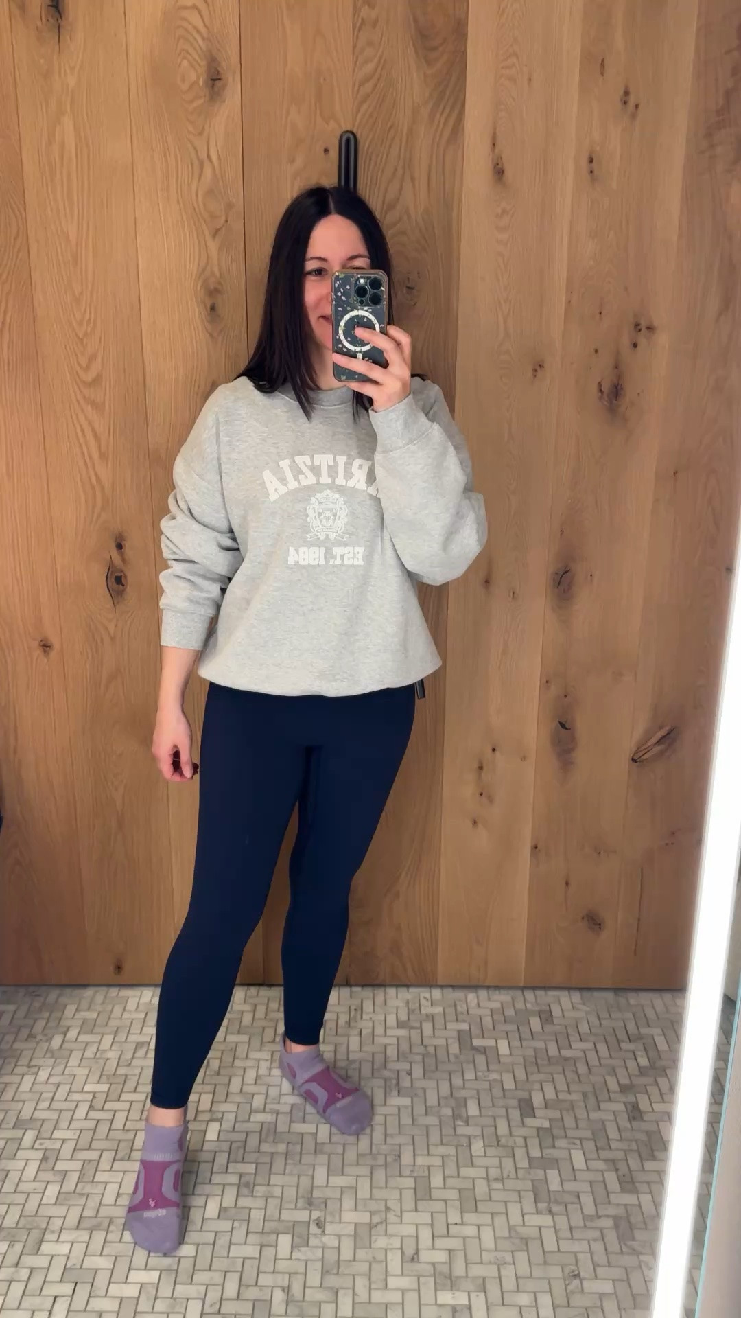 Aritzia high rise leggings with Aritzia sweatshirt. I recommend going up a size because Aritzia runs really small. ￼I am wearing size 6 in the leggings

#LTKootd #LTKActive #LTKMidsize