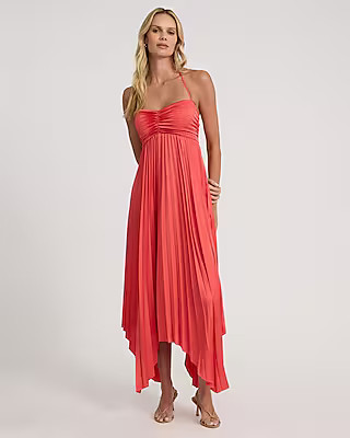 Satin Pleated Tie Halter Sweetheart Asymmetrical Midi Dress | Express