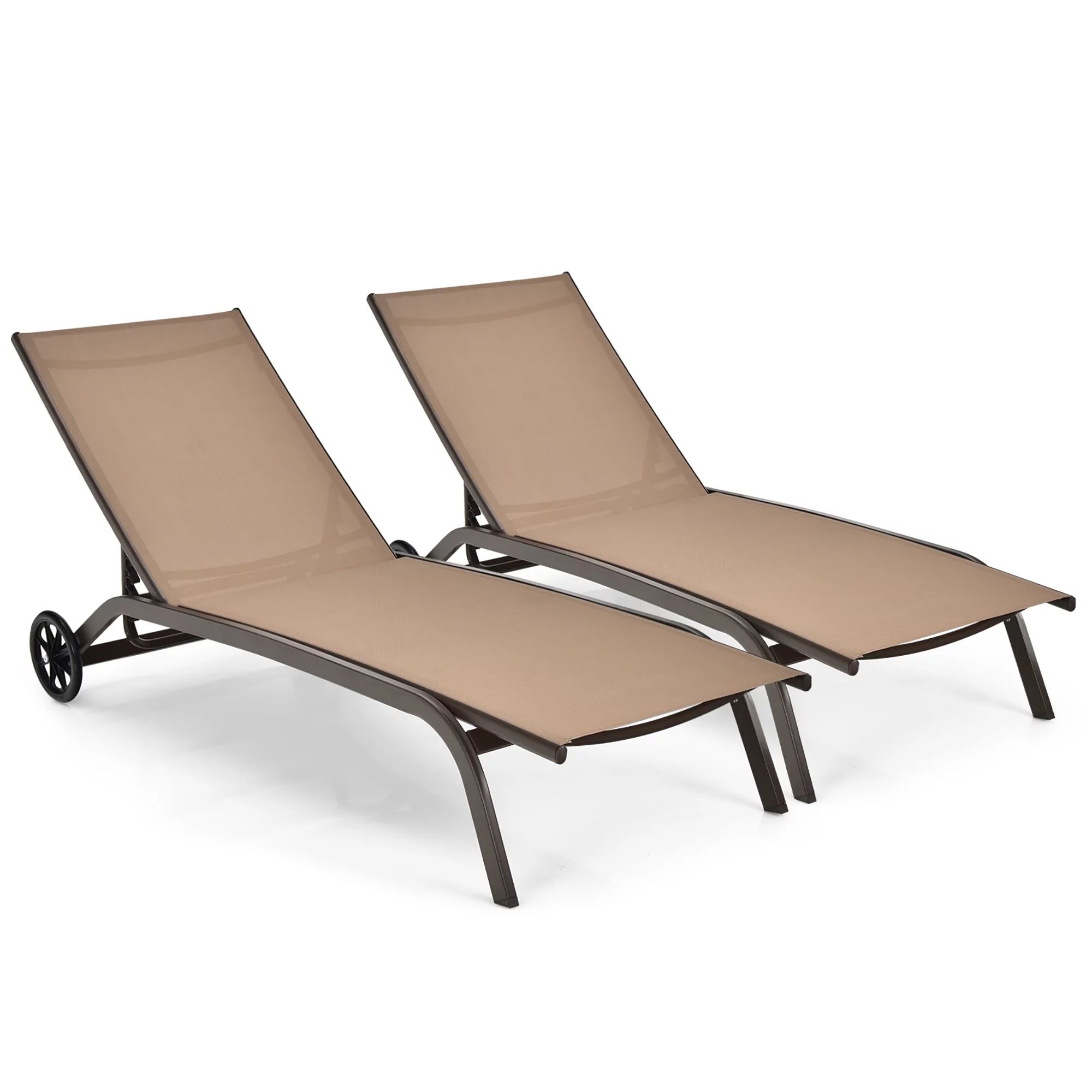 Costway 2PCS Patio Lounge Chair Chaise Adjustable Back Recliner W/Wheels Brown | Walmart (US)