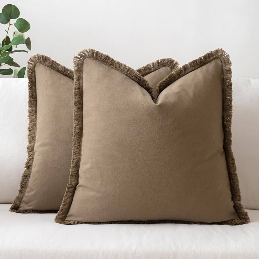 MIULEE Throw Pillow Covers 20x20 Set of 2 Brown Pillow Covers with Fringe Chic Cotton Decorative ... | Amazon (US)