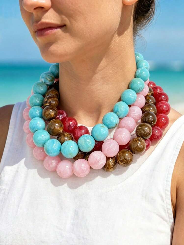 1pc Bohemian Style Colorful Beaded Round Geometric Necklace, Stainless Steel & 18K Gold Plated Accessories, Suitable For Summer Beach Vacation | SHEIN