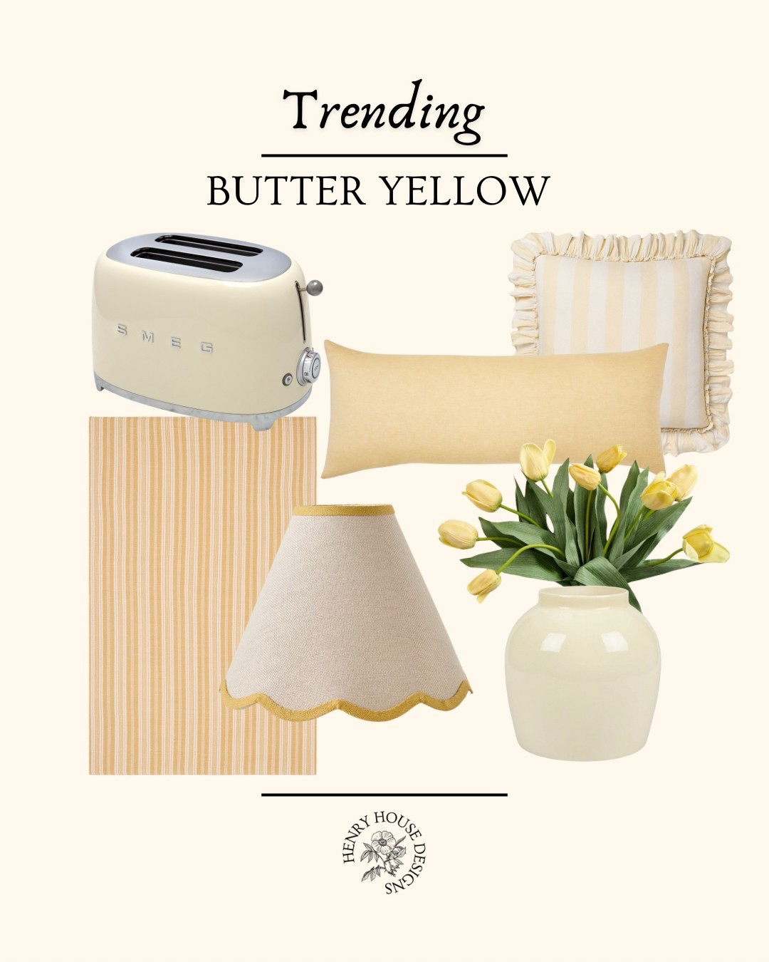 butter yellow | trending color | spring decor | cottage style | European farmhouse | vintage kitchen | yellow home accents | cheerful interiors | classic decor | yellow accessories | cozy cottage style | tulip arrangement | ruffle pillow | lumbar pillow | SMEG toaster | striped rug | scalloped lampshade | soft yellow tones | warm neutrals | kitchen styling | timeless color palette | spring home trends | traditional design | yellow striped fabric | English Country Style

#LTKFindsUnder100 #LTKFindsUnder50 #LTKHome